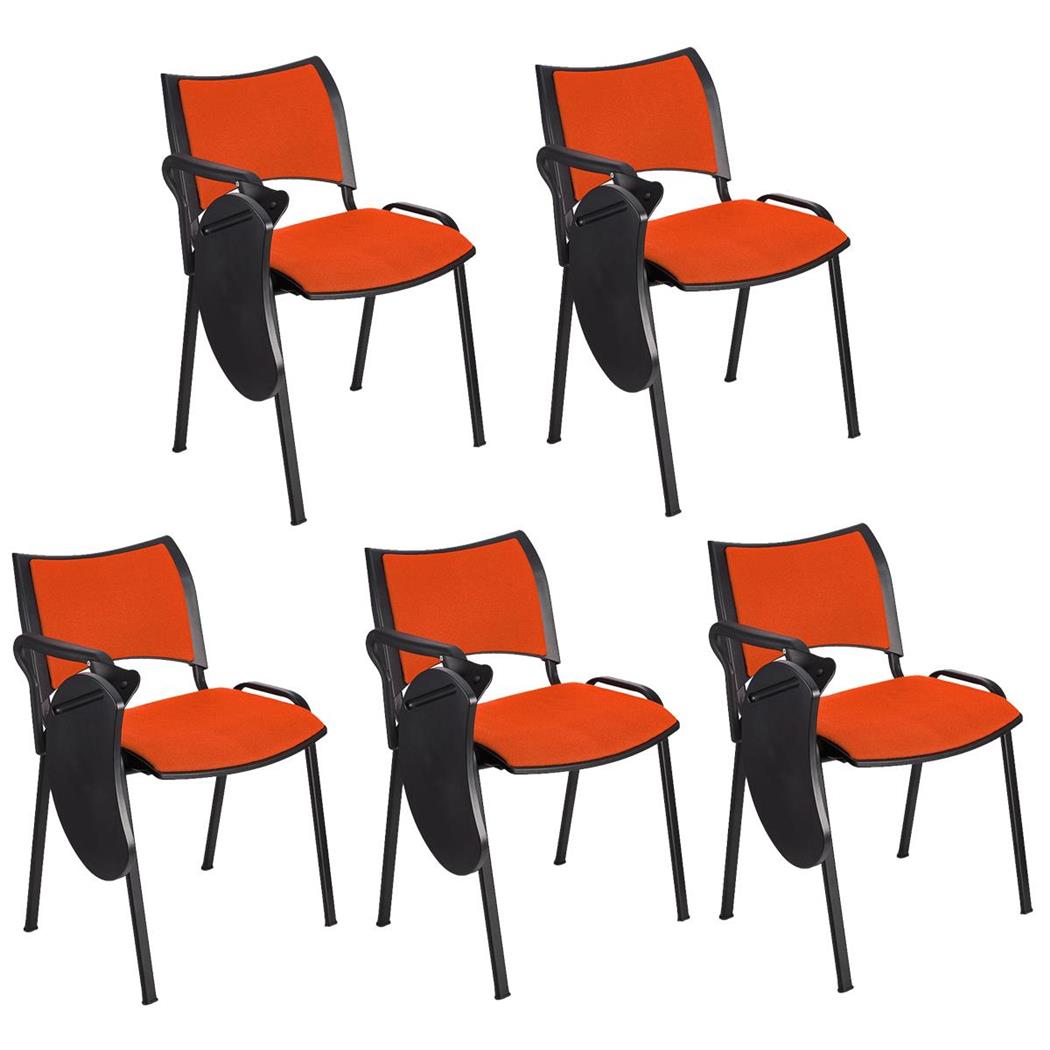 Set van 5 Vergaderstoelen ROMEL MET KLAPTAFELTJE, Comfortabele Zitting, Stapelbaar, Zwarte Poten, Oranje Stoffen Bekleding