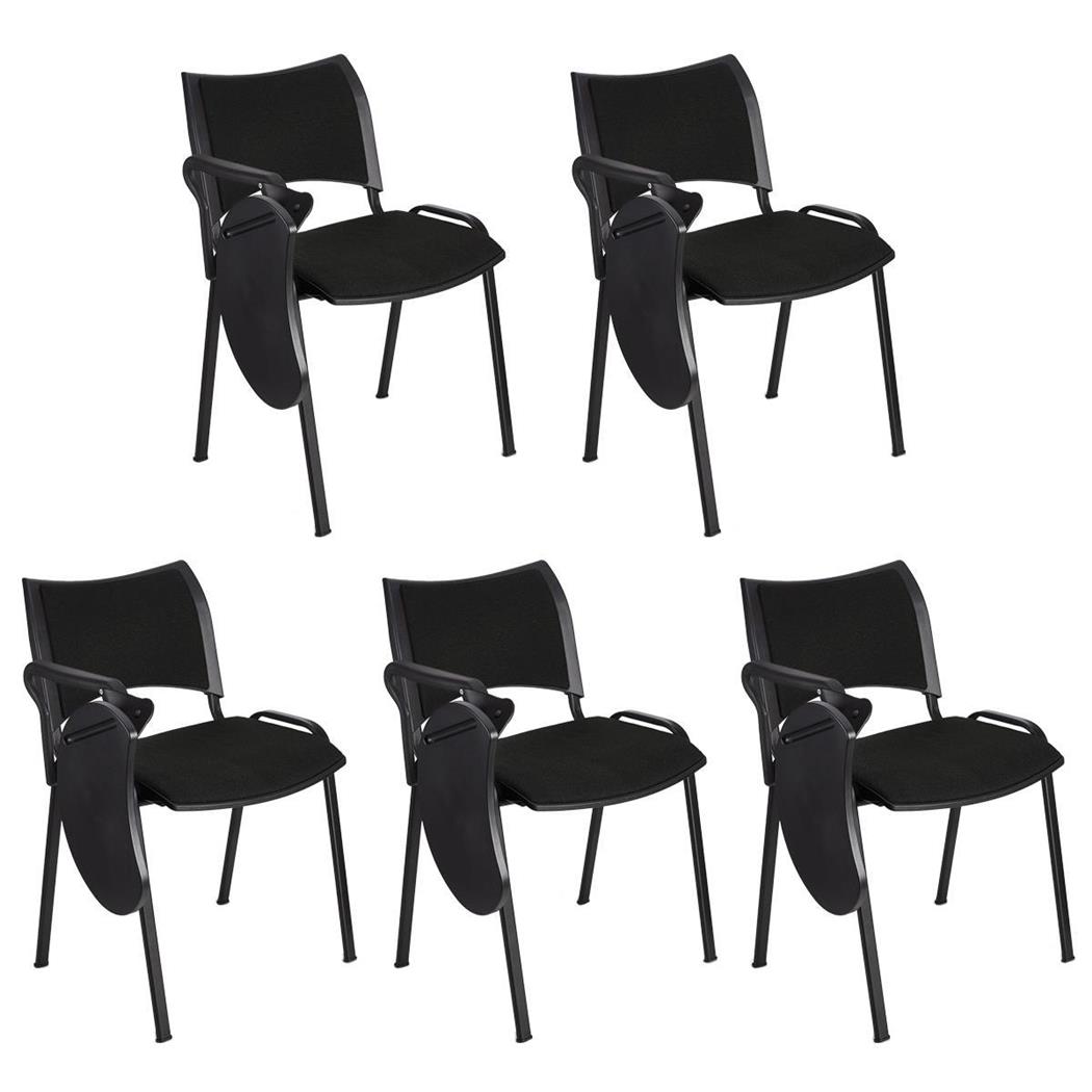 Set van 5 Vergaderstoelen ROMEL MET KLAPTAFELTJE, Comfortabele Zitting, Stapelbaar, Zwarte Poten, Zwart Stoffen Bekleding