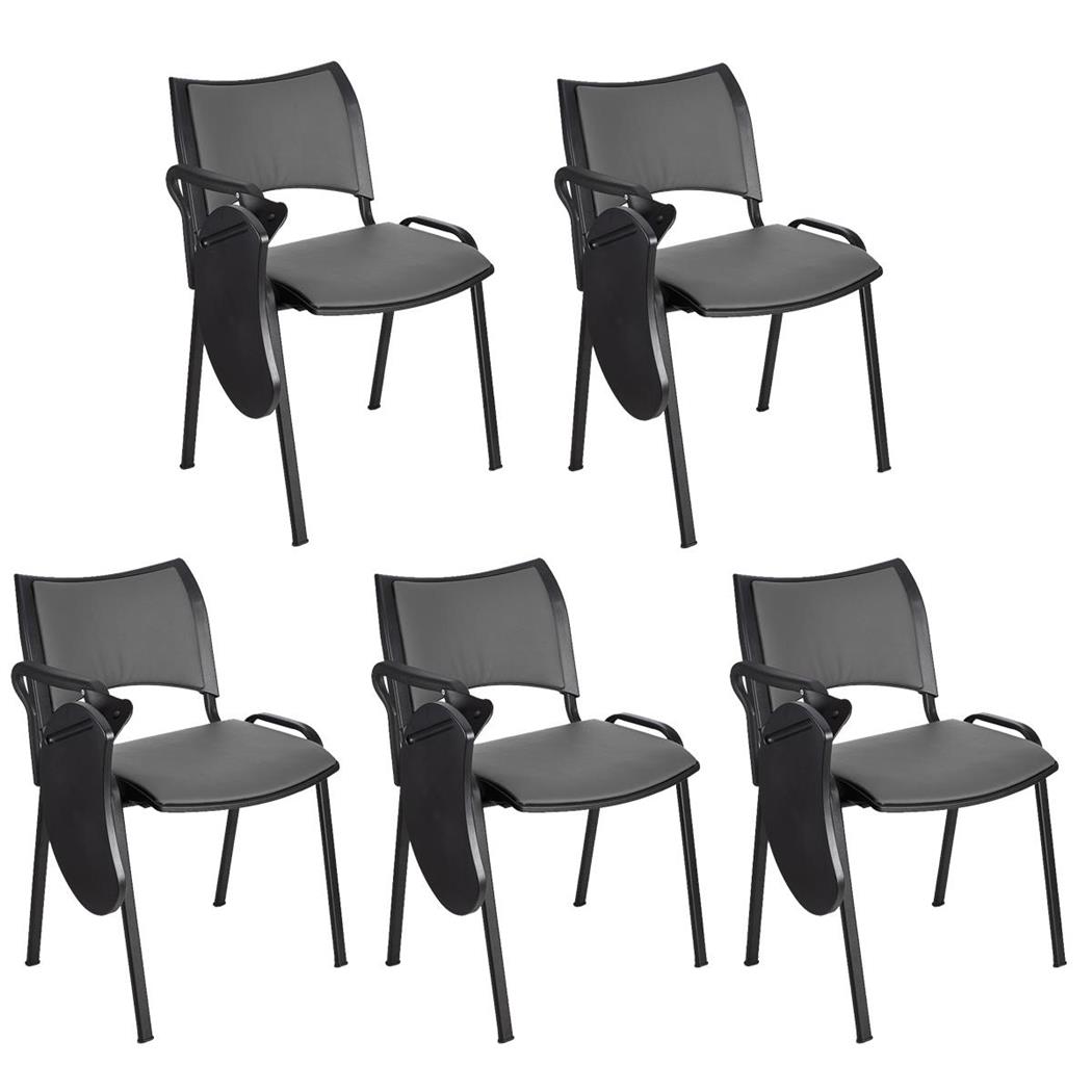 Set van 5 Vergaderstoelen ROMEL LEDER MET KLAPTAFELTJE, Comfortabele Zitting, Stapelbaar, Zwarte Poten, Grijs