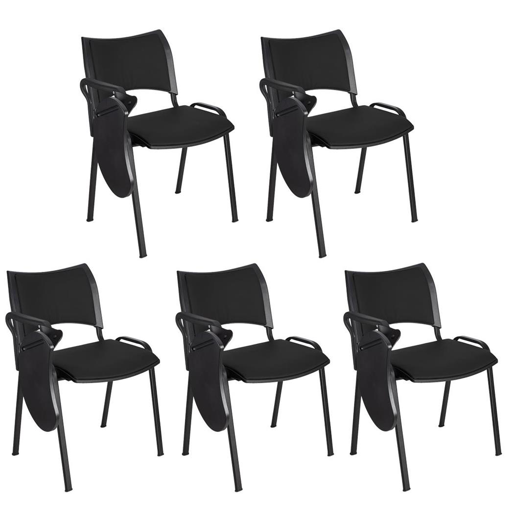 Set van 5 Vergaderstoelen ROMEL LEDER MET KLAPTAFELTJE, Comfortabele Zitting, Stapelbaar, Zwarte Poten, Zwart