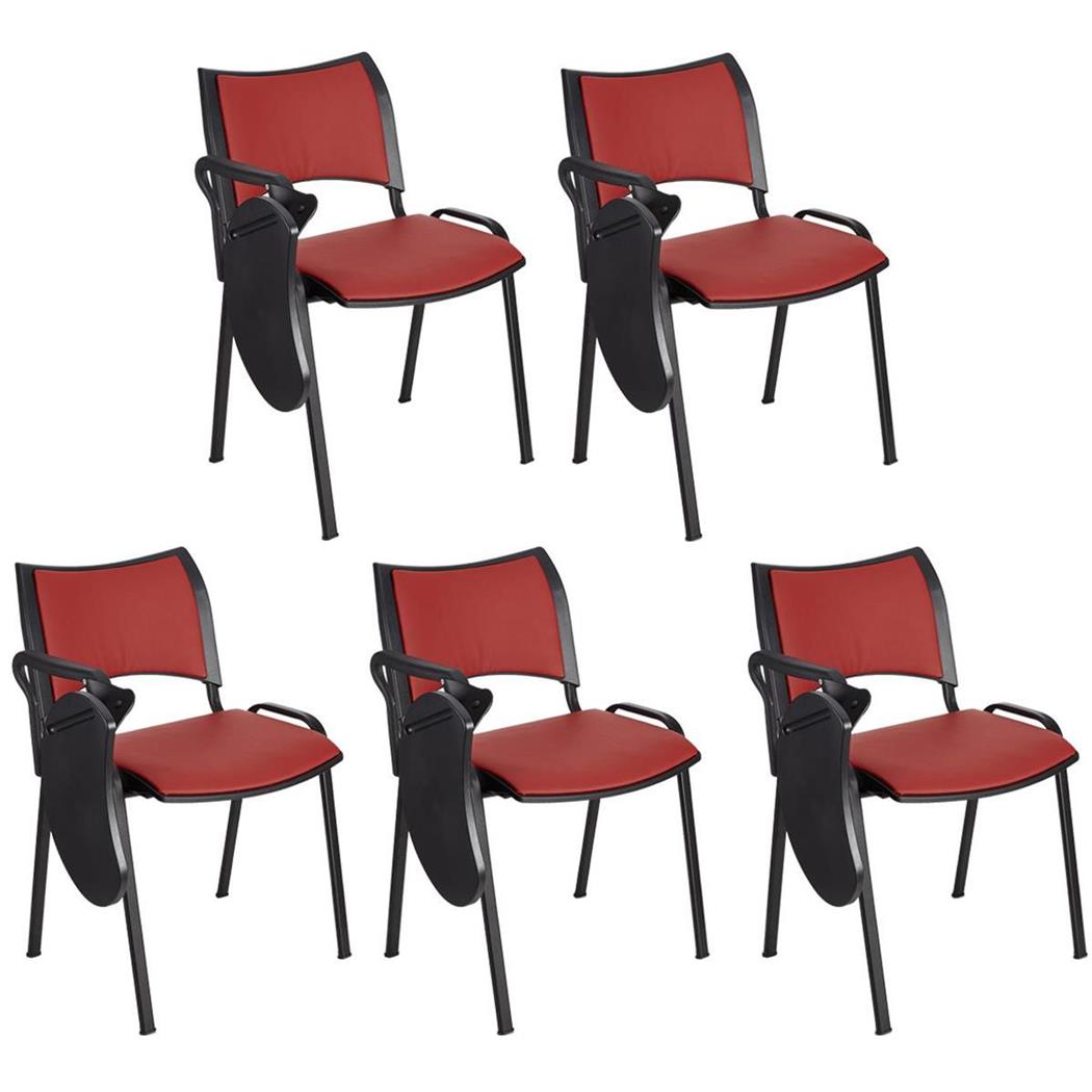 Set van 5 Vergaderstoelen ROMEL LEDER MET KLAPTAFELTJE, Comfortabele Zitting, Stapelbaar, Zwarte Poten, Rood