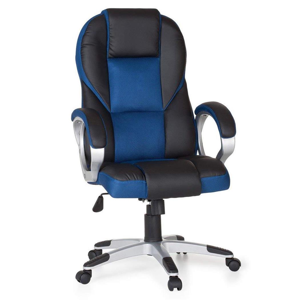 Gamingstoel ELIU, Sportief Ontwerp, Dikke Vulling, met Zwart Leder en Blauw Mesh