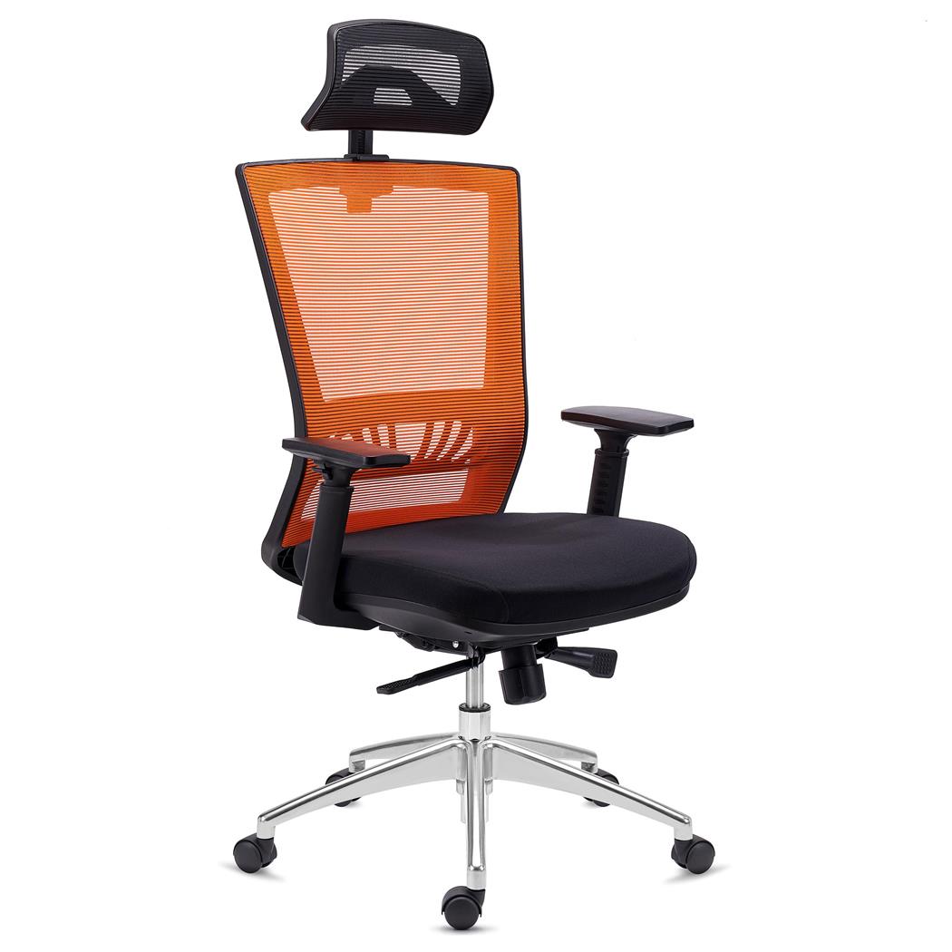 Ergonomische Bureaustoel MAGNUM ELITE, Hoofdsteun, Gebruik 8 uur/dag, Aluminium Onderstel, Lendensteun, Oranje