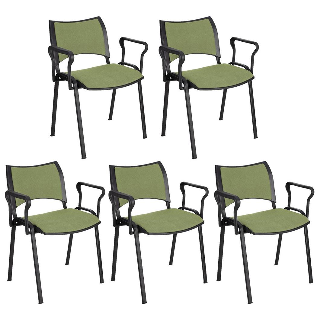 Set van 5 Vergaderstoelen ROMEL MET ARMLEUNINGEN, Comfortabele Zitting, Stapelbaar, Zwarte Poten, Groen Stoffen Bekleding