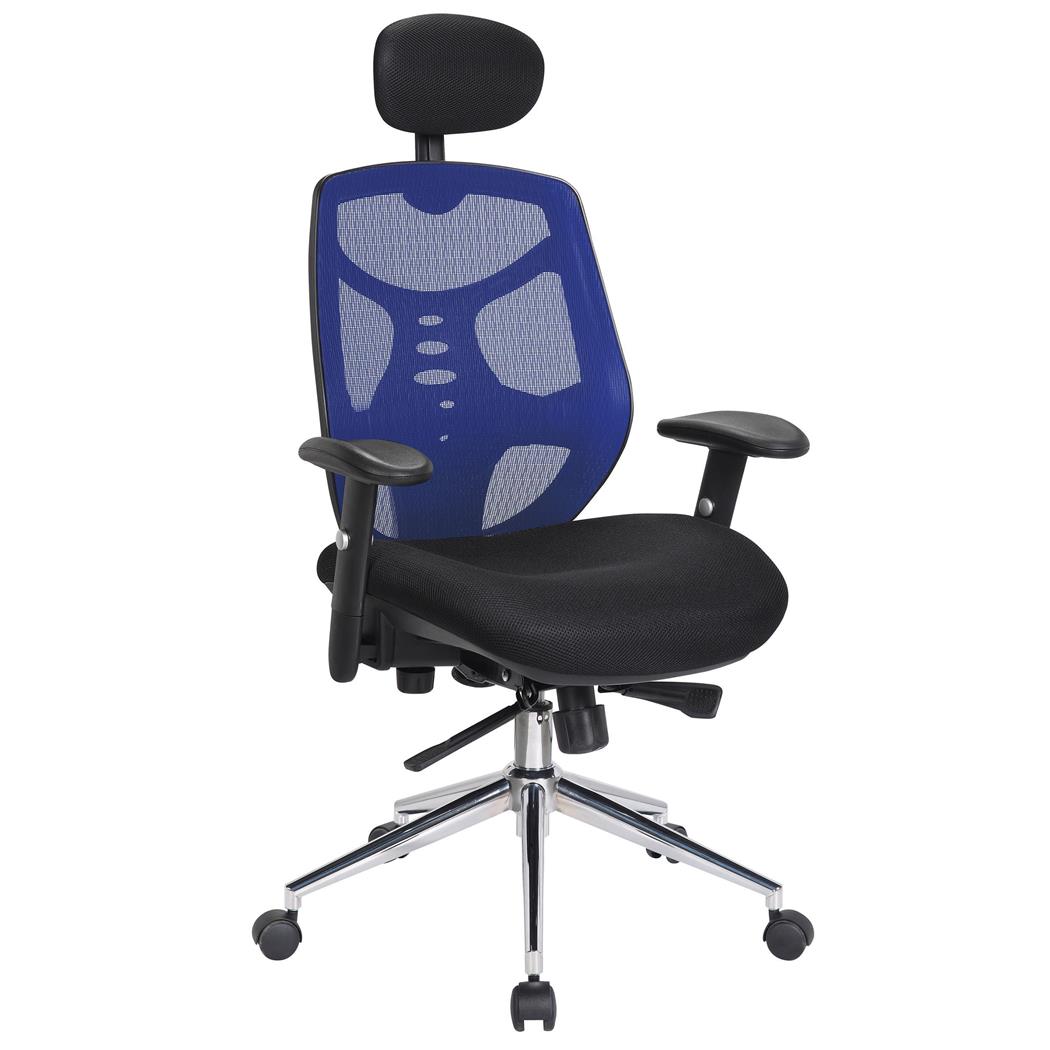 Ergonomische Bureaustoel MANTRA, Zeer Comfortabele Rugleuning, Hoofdsteun, Gebruik 8 uur, Blauw