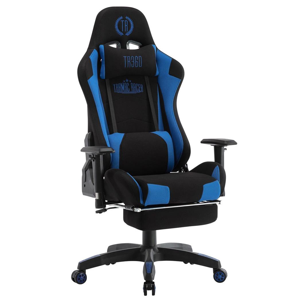 Gamingstoel TURBO LED STOF, Verstelbare Rugleuning, Voetsteun, Lumbaal- en Cervicaalkussen, in Zwart/Blauw