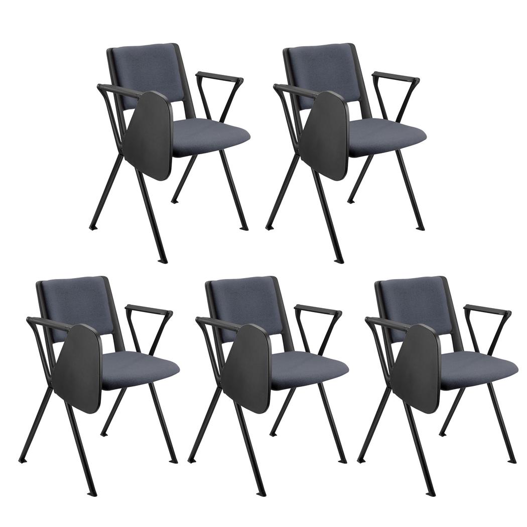 SET 5 Vergaderstoelen CARINA MET KLAPTAFELTJE, Stapelbaar, stoelkoppelsysteem, Zwarte Poten, Grijze Stof