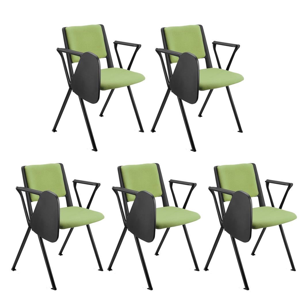 SET 5 Vergaderstoelen CARINA MET KLAPTAFELTJE, Stapelbaar, stoelkoppelsysteem, Zwarte Poten, Groene Stof