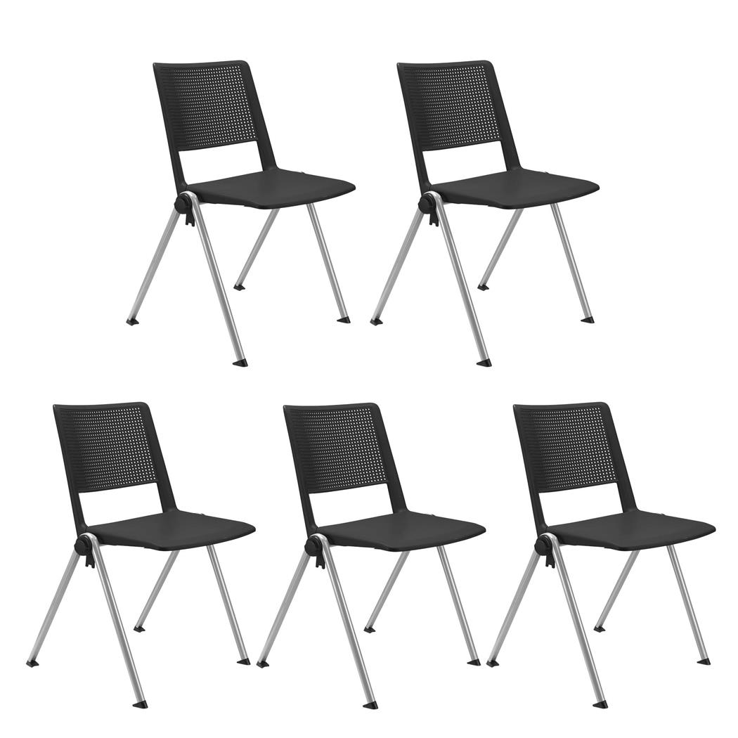 SET van 5 Vergaderstoelen CARINA, Stapelbaar, Stoelkoppelsysteem, Zwart Kunststof met Grijze Poten