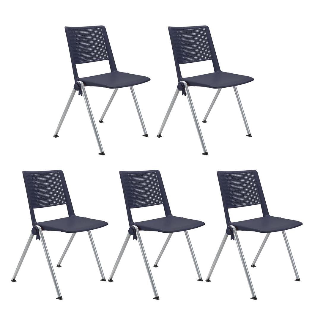 SET van 5 Vergaderstoelen CARINA, Stapelbaar, Stoelkoppelsysteem, Blauw Kunststof met Grijze Poten