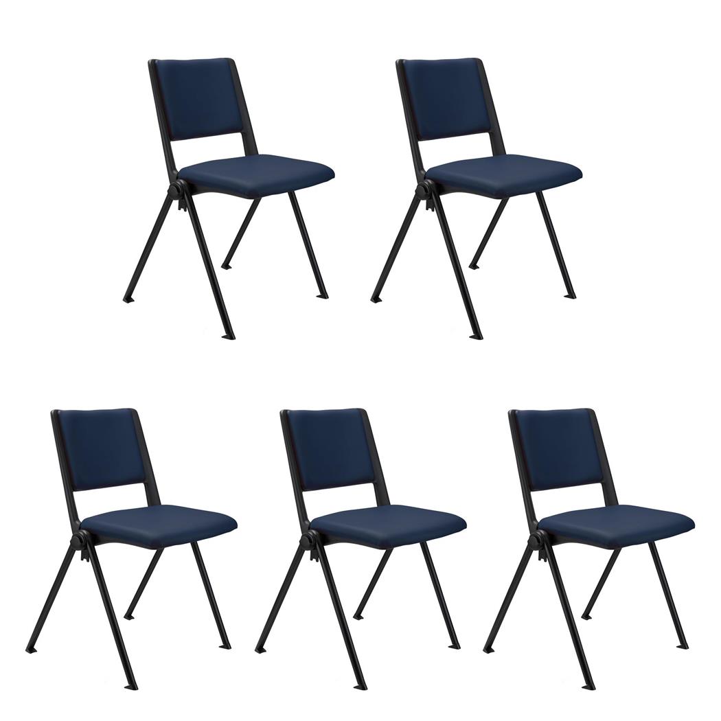 SET van 5 Vergaderstoelen CARINA, Stapelbaar, Stoelkoppelsysteem, Blauw Leder en Zwarte Poten