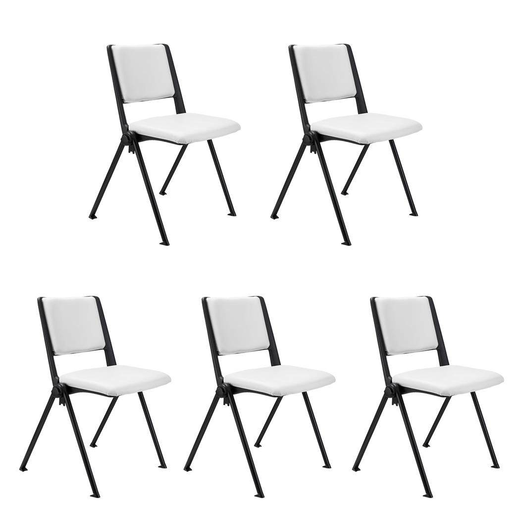 SET van 5 Vergaderstoelen CARINA, Stapelbaar, Stoelkoppelsysteem, Wit Leder en Zwarte Poten