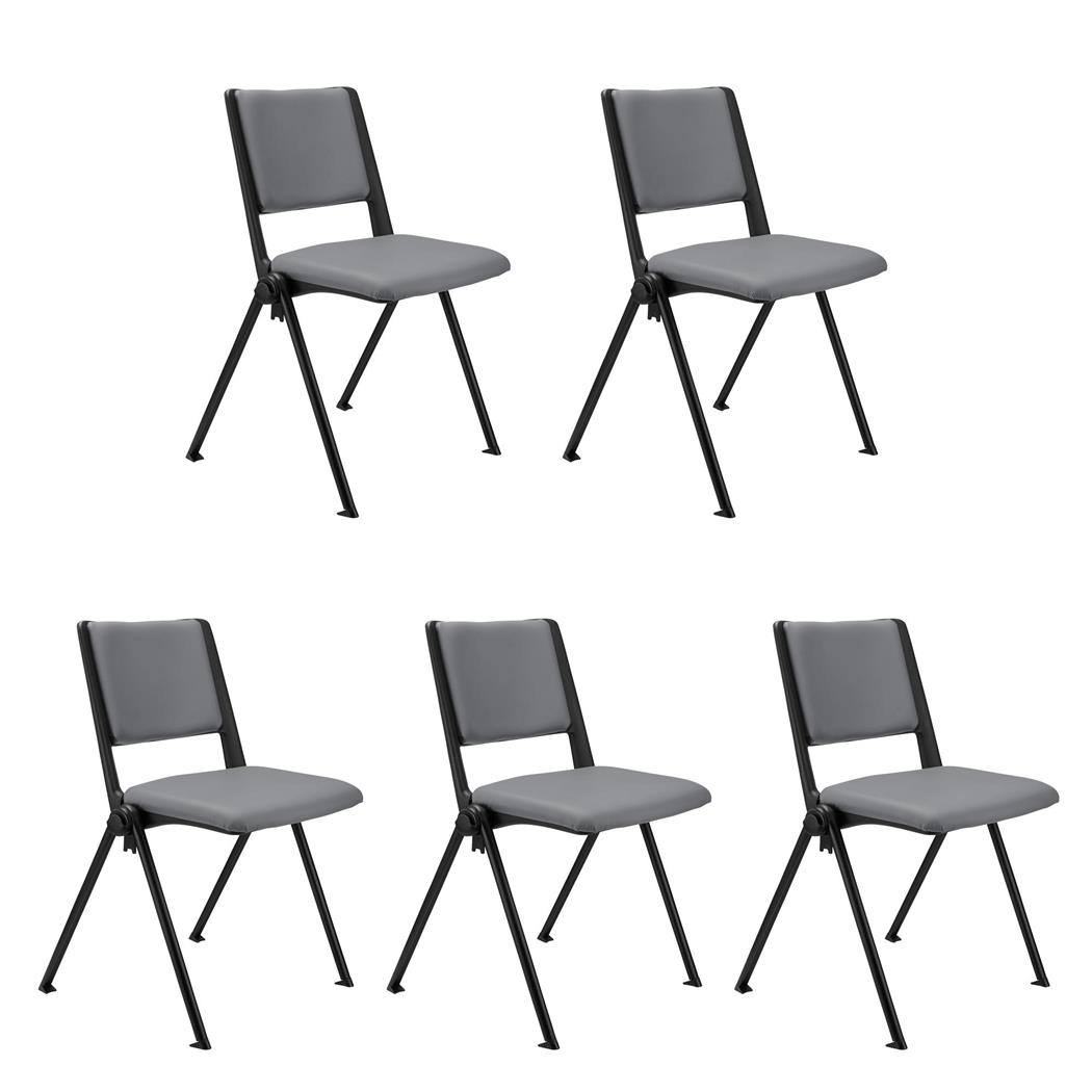 SET van 5 Vergaderstoelen CARINA, Stapelbaar, Stoelkoppelsysteem, Grijs Leder en Zwarte Poten