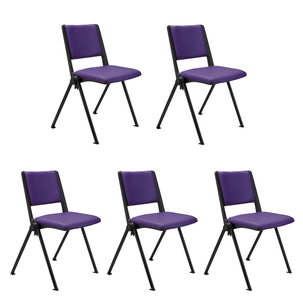 SET van 5 Vergaderstoelen CARINA, Stapelbaar, Stoelkoppelsysteem, Paars Leder en Zwarte Poten