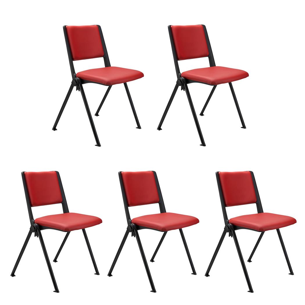 SET van 5 Vergaderstoelen CARINA, Stapelbaar, Stoelkoppelsysteem, Rood Leder en Zwarte Poten