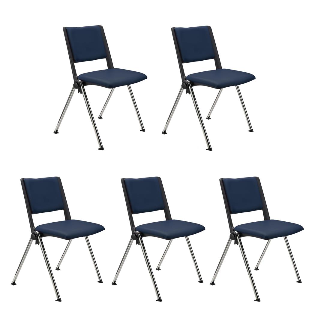 SET van 5 Vergaderstoelen CARINA, Stapelbaar, Stoelkoppelsysteem, Blauw Leder en Verchroomde Poten