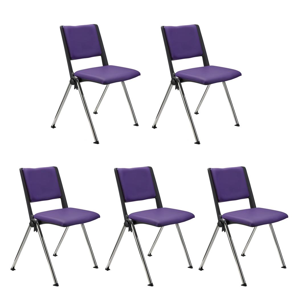 SET van 5 Vergaderstoelen CARINA, Stapelbaar, Stoelkoppelsysteem, Paars Leder en Verchroomde Poten