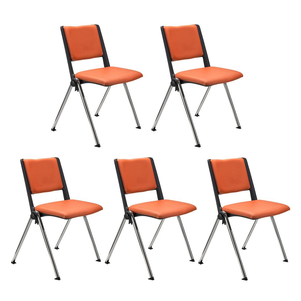 SET van 5 Vergaderstoelen CARINA, Stapelbaar, Stoelkoppelsysteem, Oranje Leder en Verchroomde Poten