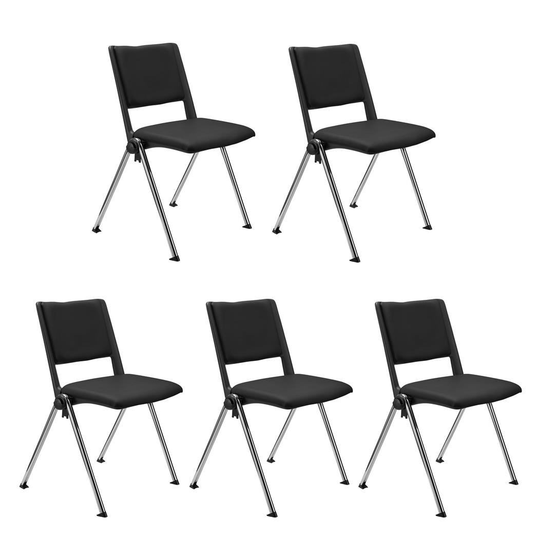 SET van 5 Vergaderstoelen CARINA, Stapelbaar, Stoelkoppelsysteem, Zwart Leder en Verchroomde Poten