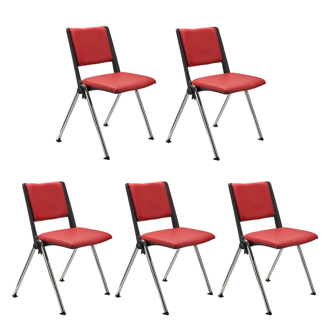 SET van 5 Vergaderstoelen CARINA, Stapelbaar, Stoelkoppelsysteem, Rood Leder en Verchroomde Poten