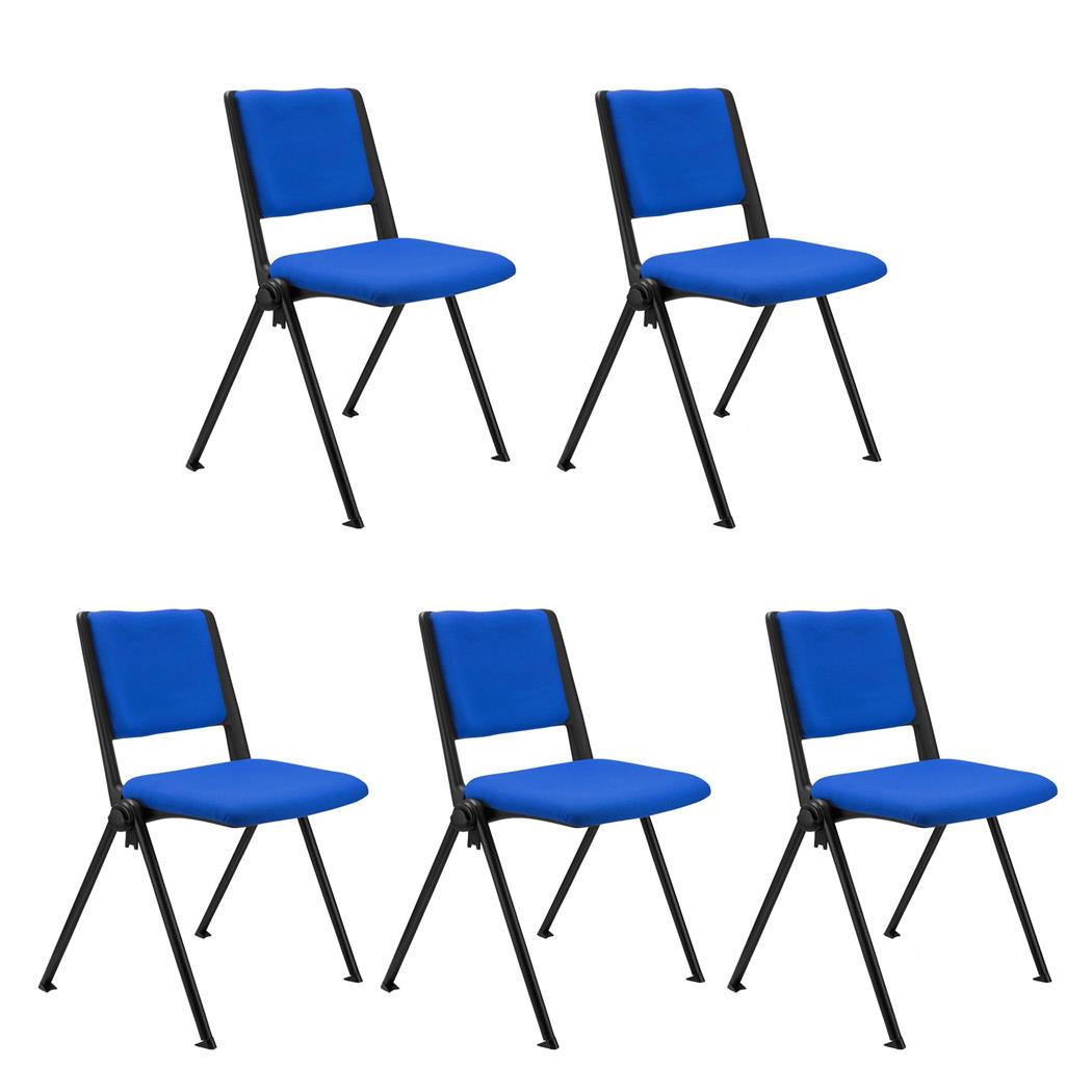 SET van 5 vergaderstoelen CARINA, Stapelbaar, Stoelkoppelsysteem, Blauwe Stoffen Bekleding met Zwarte Poten