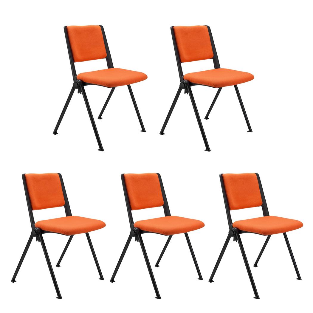 SET van 5 vergaderstoelen CARINA, Stapelbaar, Stoelkoppelsysteem, Oranje Stoffen Bekleding met Zwarte Poten