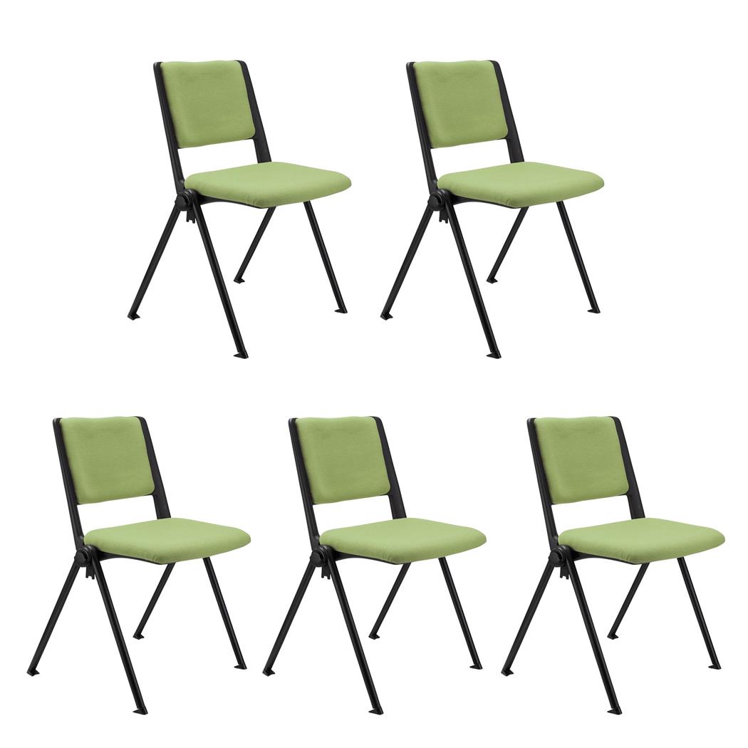 SET van 5 vergaderstoelen CARINA, Stapelbaar, Stoelkoppelsysteem, Groene Stoffen Bekleding met Zwarte Poten