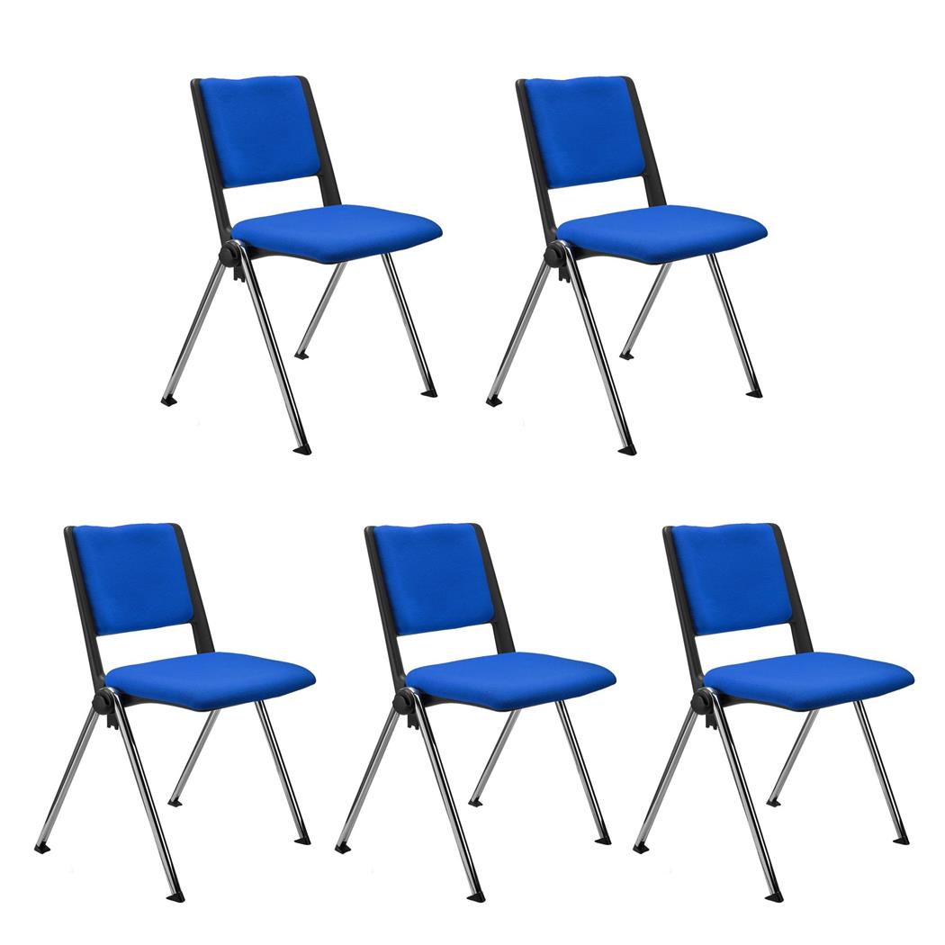 SET van 5 Vergaderstoelen CARINA, Stapelbaar, Stoelkoppelsysteem, Blauwe Stoffen Bekleding met Verchroomde Poten