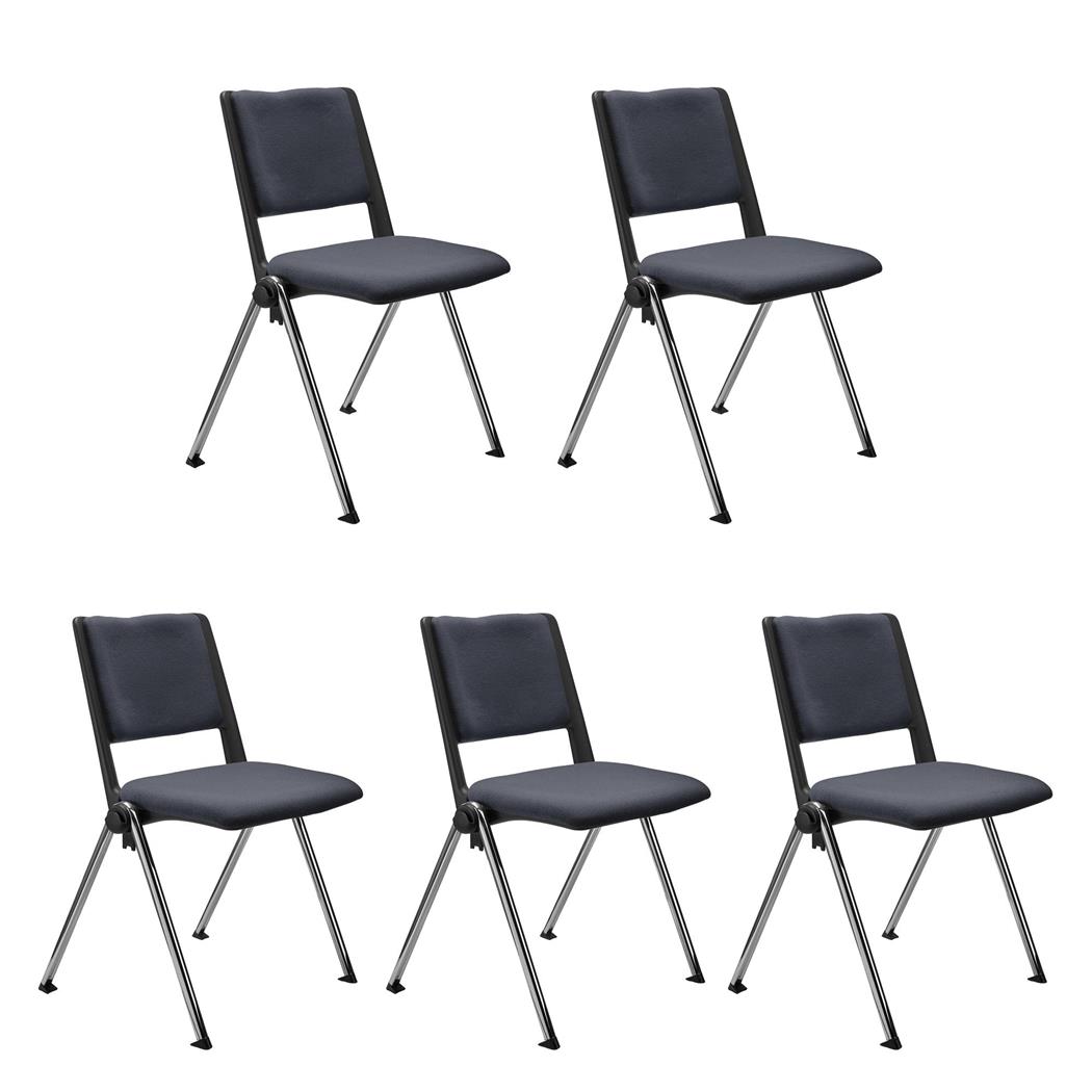 SET van 5 Vergaderstoelen CARINA, Stapelbaar, Stoelkoppelsysteem, Grijze Stoffen Bekleding met Verchroomde Poten