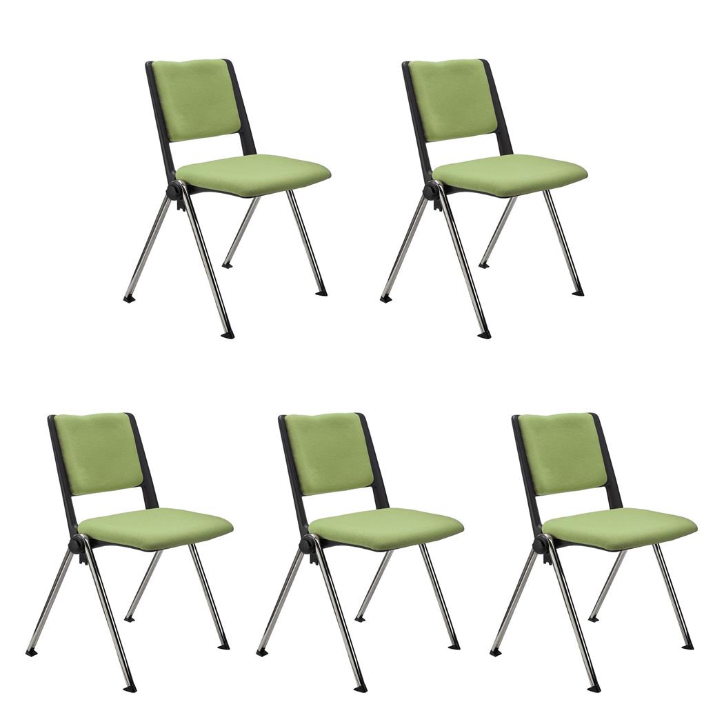 SET van 5 Vergaderstoelen CARINA, Stapelbaar, Stoelkoppelsysteem, Groene Stoffen Bekleding met Verchroomde Poten