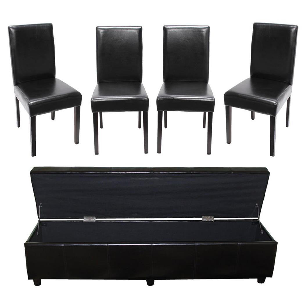 Set van 4 Eetkamerstoelen LITAU ECHT LEDER, Zwart + Bank XXL van 1,80 M