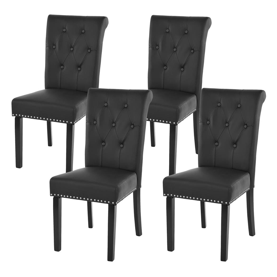 Set van 4 eetkamerstoelen CHARLES, Chesterfield-stijl met Capitonné, In Zwart Leder en Donkere Poten