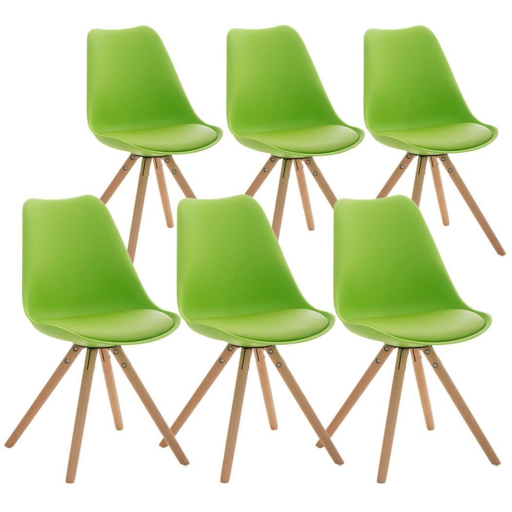 Set van 6 Stoelen TAYLOR, Kleur Groen, Lichthouten Poten, Lederen Zitting, Exclusief Ontwerp