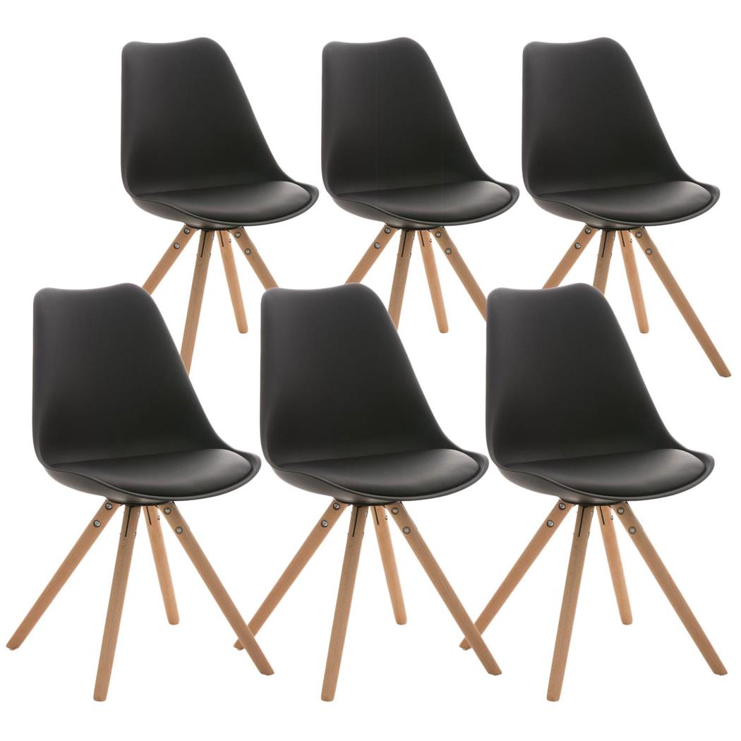 Set van 6 Stoelen TAYLOR, Kleur Zwart, Lichthouten Poten, Lederen Zitting, Exclusief Ontwerp