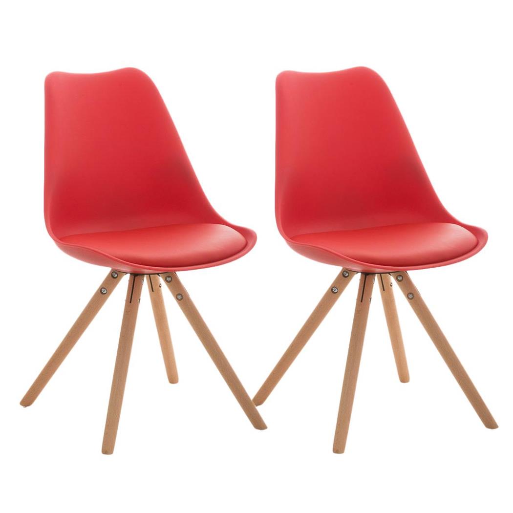 Set van 2 Stoelen TAYLOR, Kleur Rood, Lichthouten Poten, Lederen Zitting, Exclusief Ontwerp