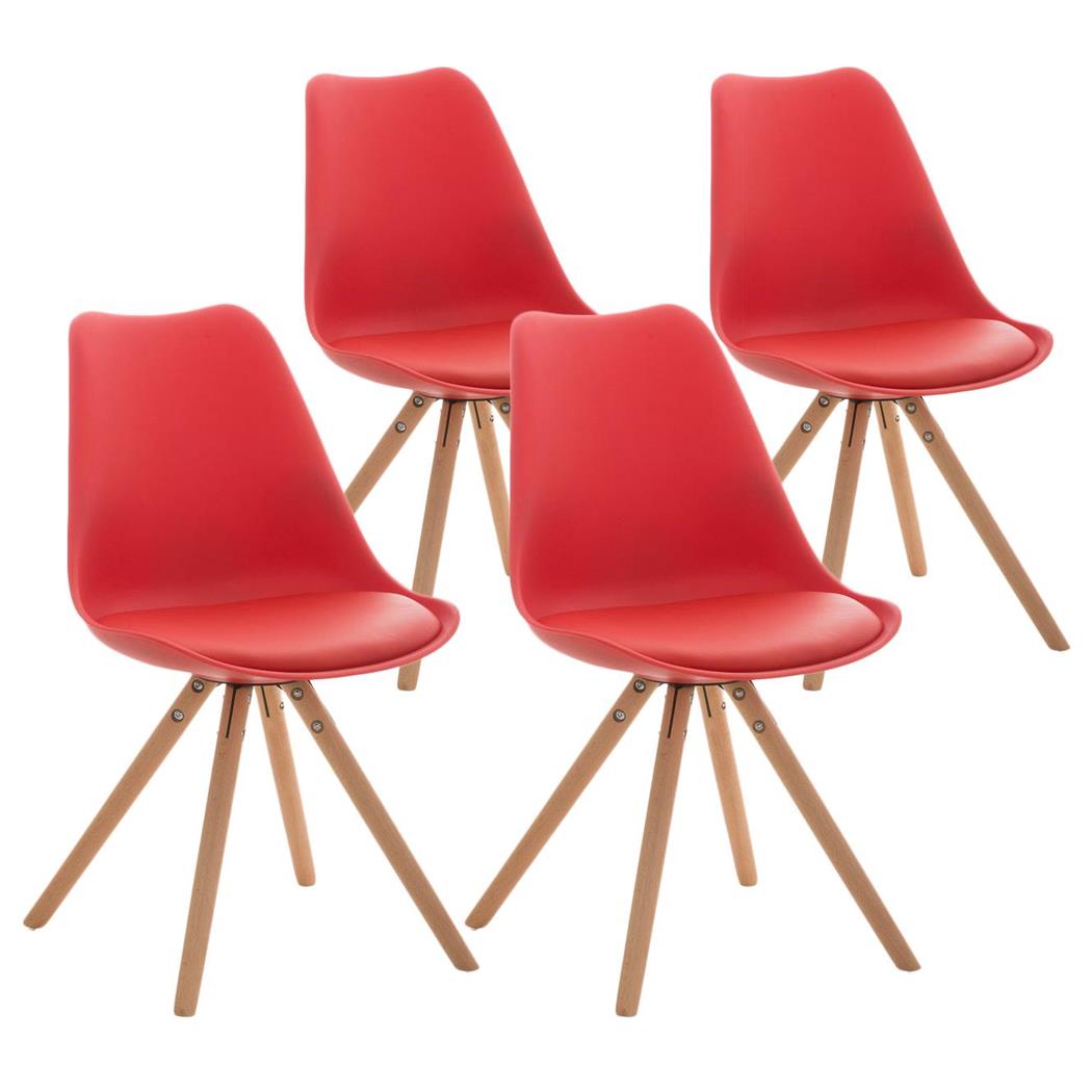 Set van 4 Stoelen TAYLOR, Kleur Rood, Lichthouten Poten, Lederen Zitting, Exclusief Ontwerp