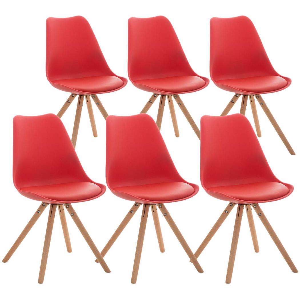 Set van 6 Stoelen TAYLOR, Kleur Rood, Lichthouten Poten, Lederen Zitting, Exclusief Ontwerp