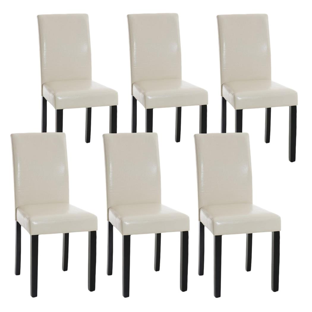 Set van 6 Eetkamerstoelen CAPRI, Crèmekleurig Leder en Donkere Houtkleurige Poten, Heel Stevig en Comfortabel