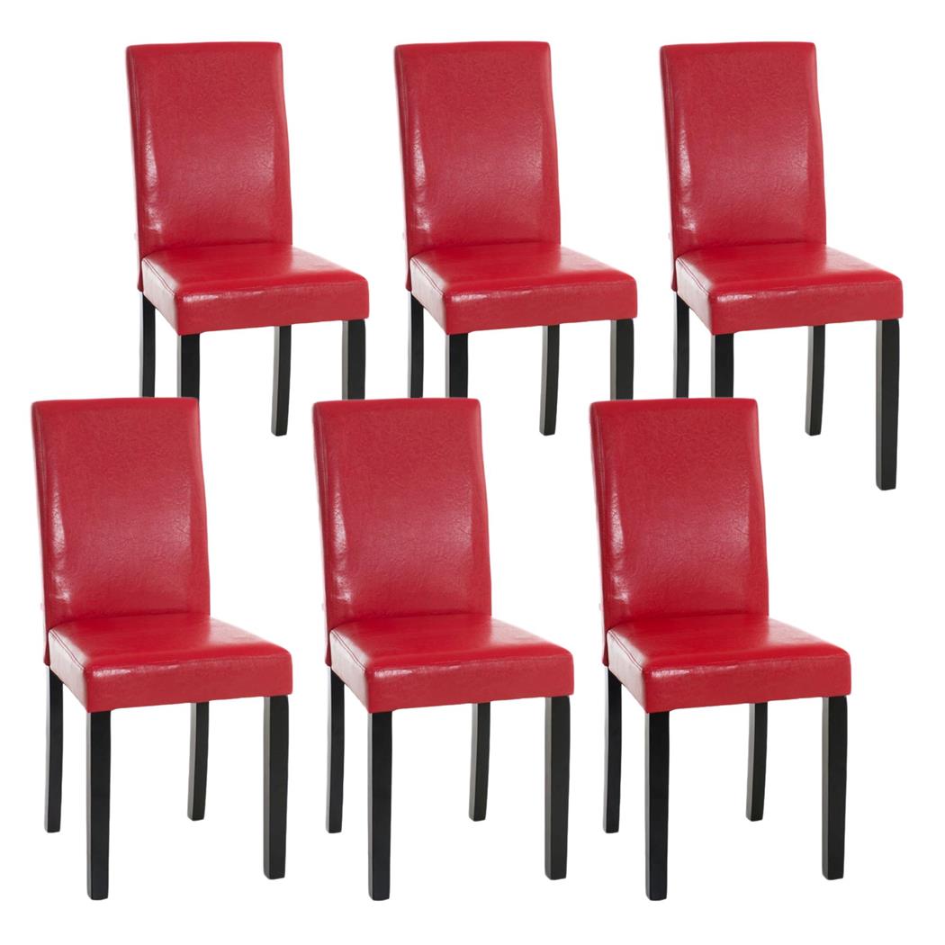 Set van 6 Eetkamerstoelen CAPRI, Rood Leder en Donkere Houtkleurige Poten, Heel Stevig en Comfortabel