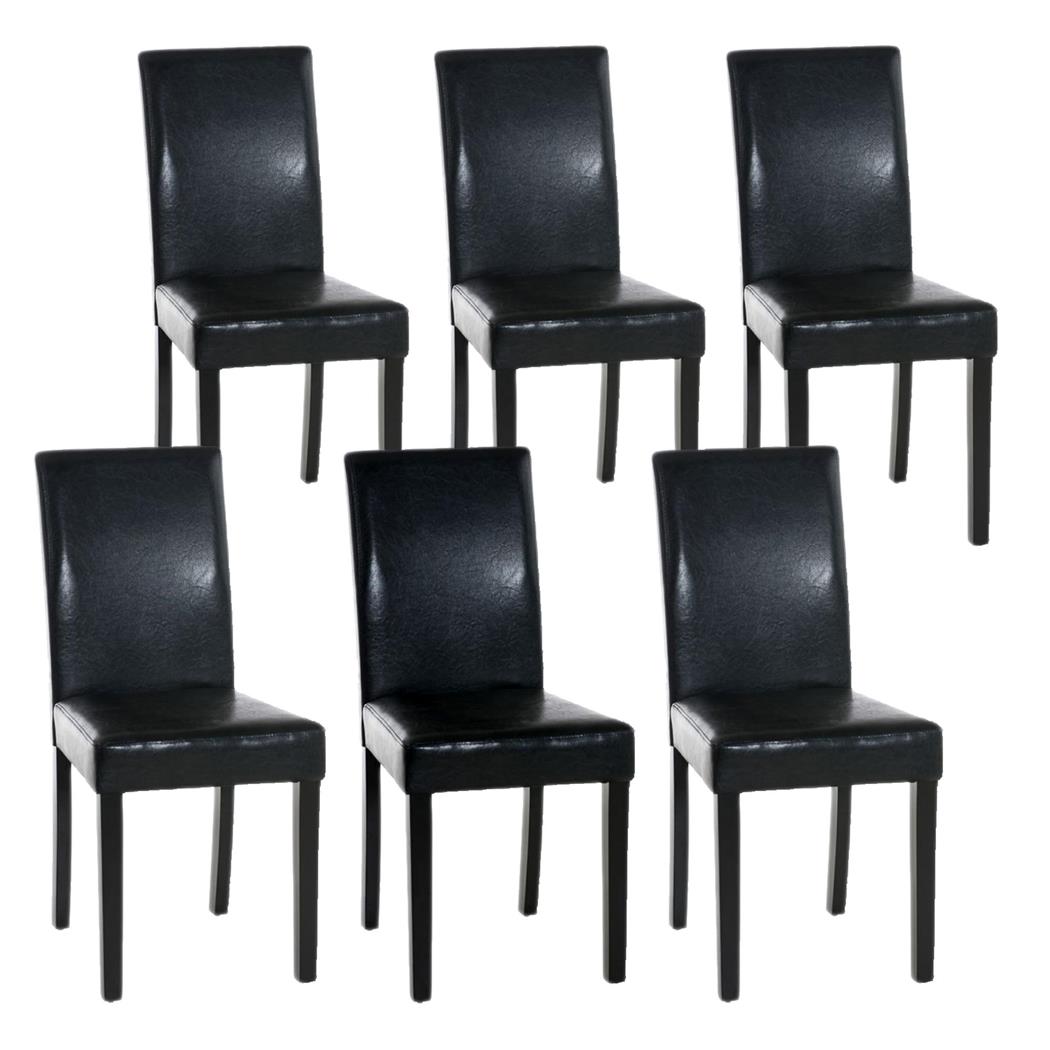 Set van 6 Eetkamerstoelen CAPRI, Zwart Leder en Donkere Houtkleurige Poten, Heel Stevig en Comfortabel