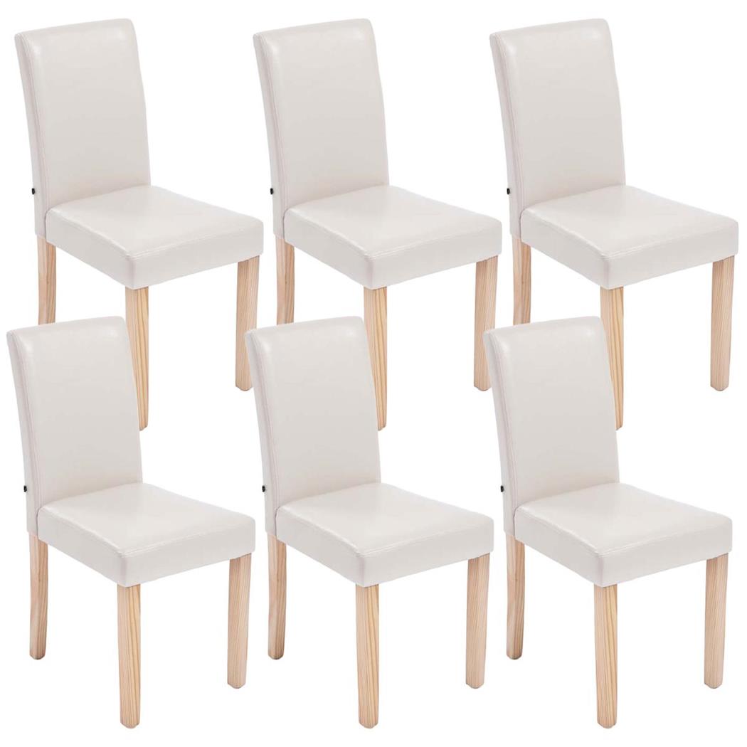 Set van 6 Eetkamerstoelen CAPRI, Crèmekleurig Leder en Lichte Houtkleurige Poten, Heel Stevig en Comfortabel