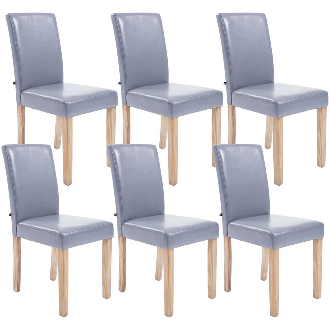 Set van 6 Eetkamerstoelen CAPRI, Grijs Leder en Lichte Houtkleurige Poten, Heel Stevig en Comfortabel