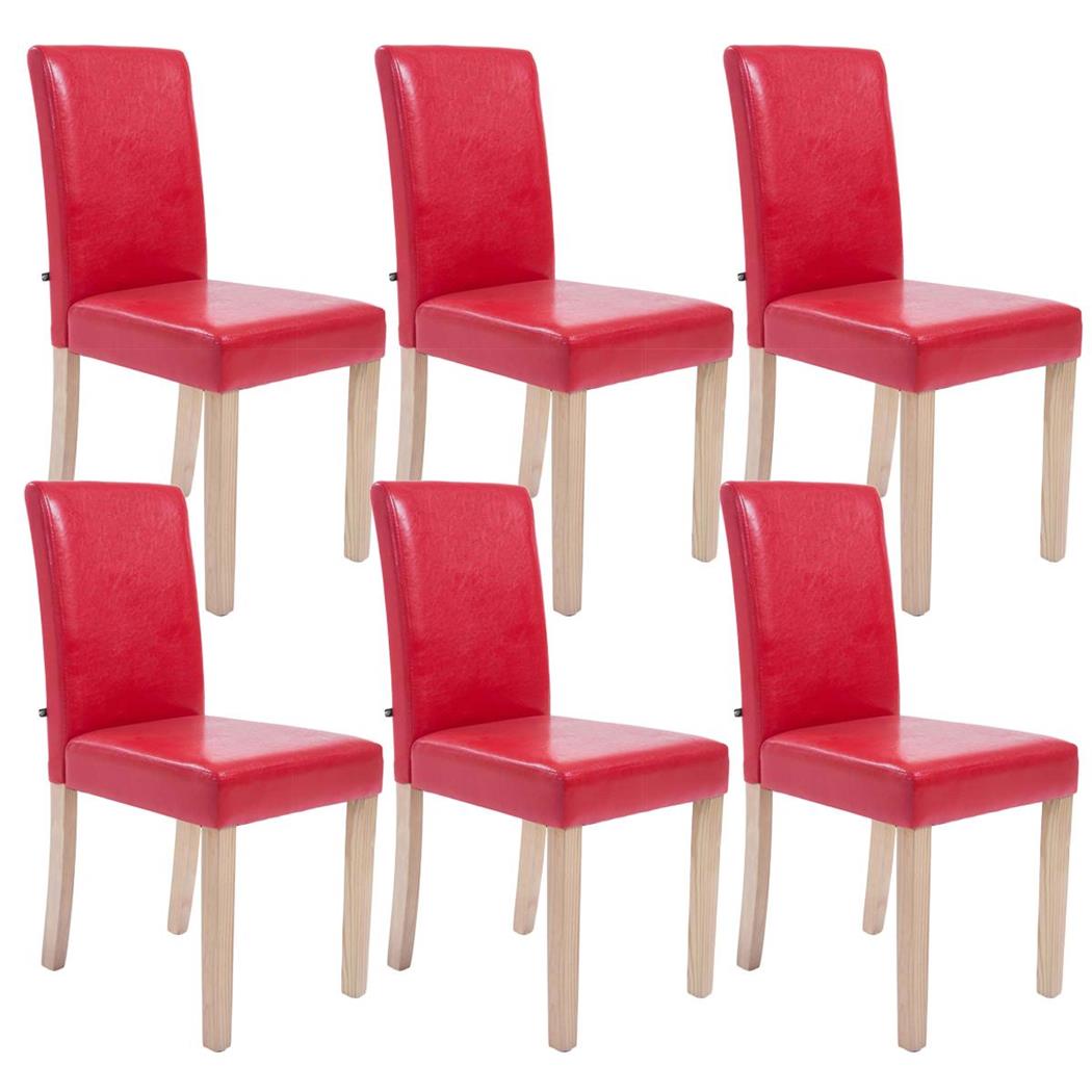 Set van 6 Eetkamerstoelen CAPRI, Rood Leder en Lichte Houtkleurige Poten, Heel Stevig en Comfortabel