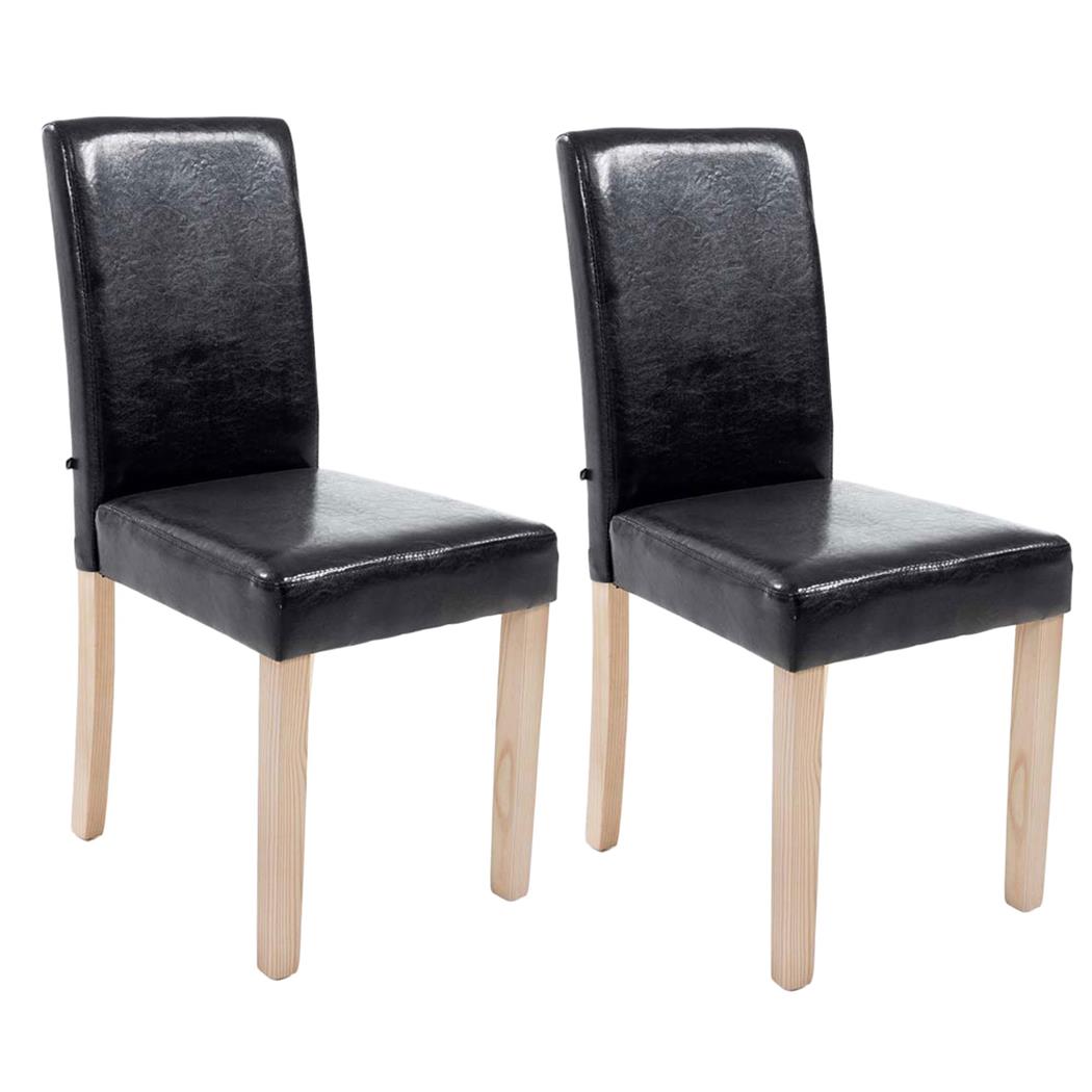 Set van 2 Eetkamerstoelen CAPRI, Zwart Leder en Lichte Houtkleurige Poten, Heel Stevig en Comfortabel