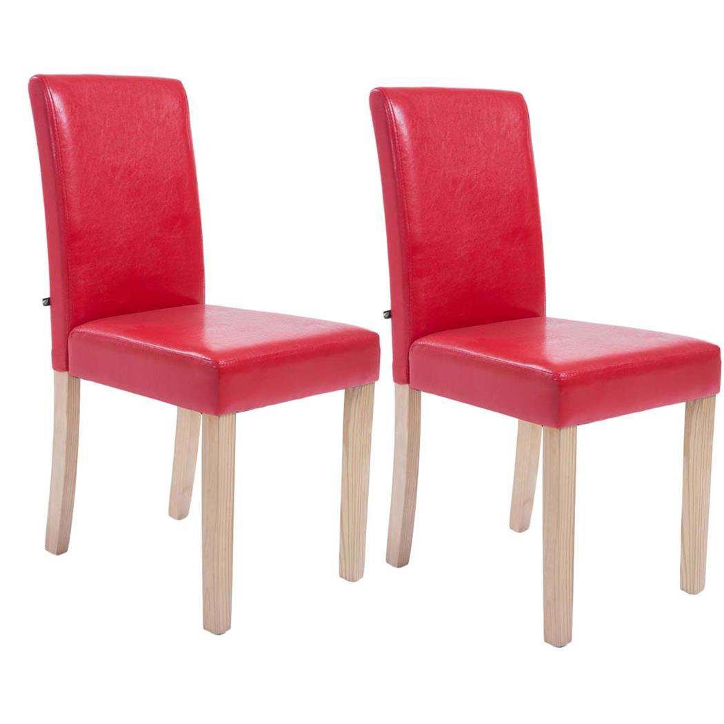 Set van 2 Eetkamerstoelen CAPRI, Rood Leder en Lichte Houtkleurige Poten, Heel Stevig en Comfortabel