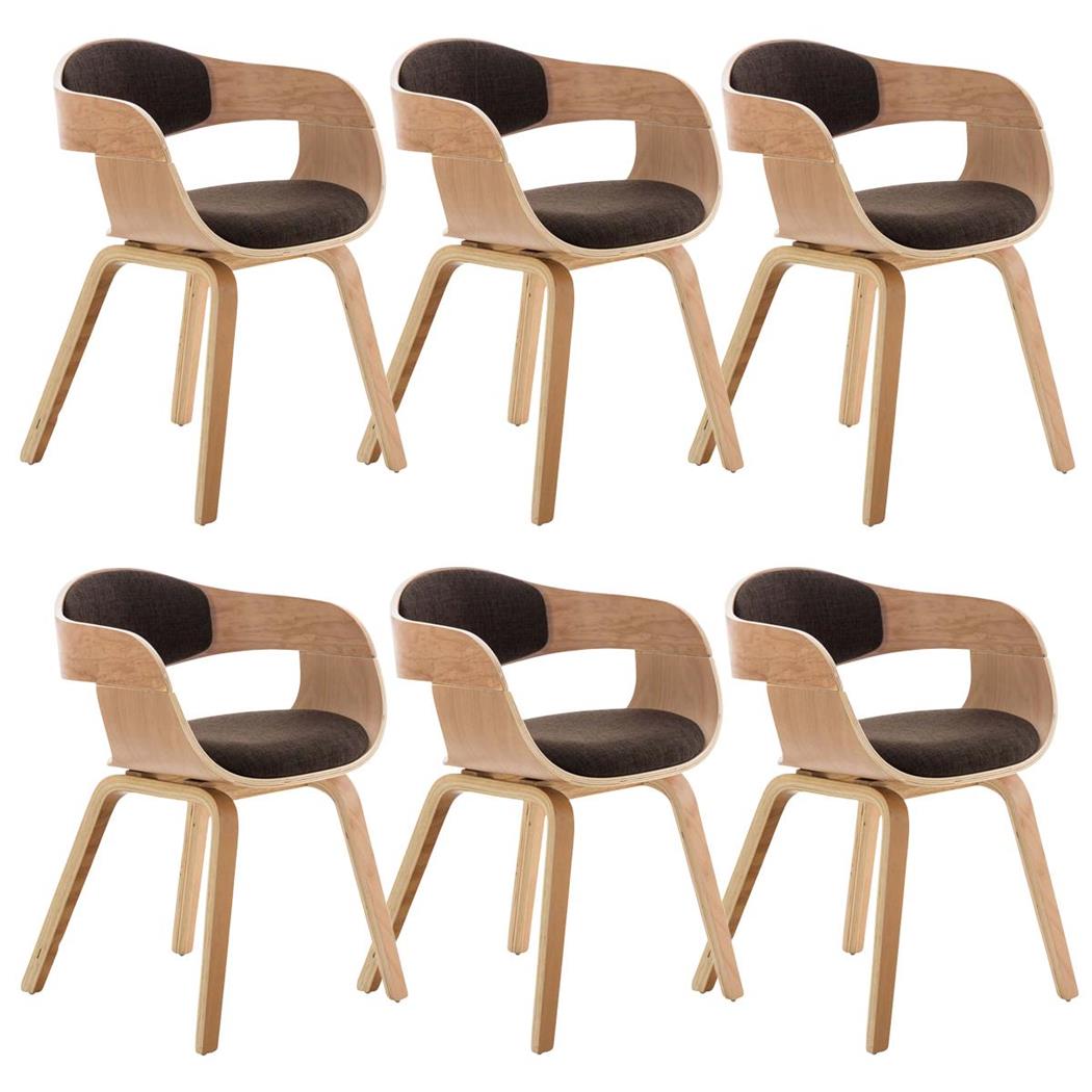 Set van 6 Eetkamerstoelen MAFO, Natuurlijke Houten Frame, met Bruine Stof