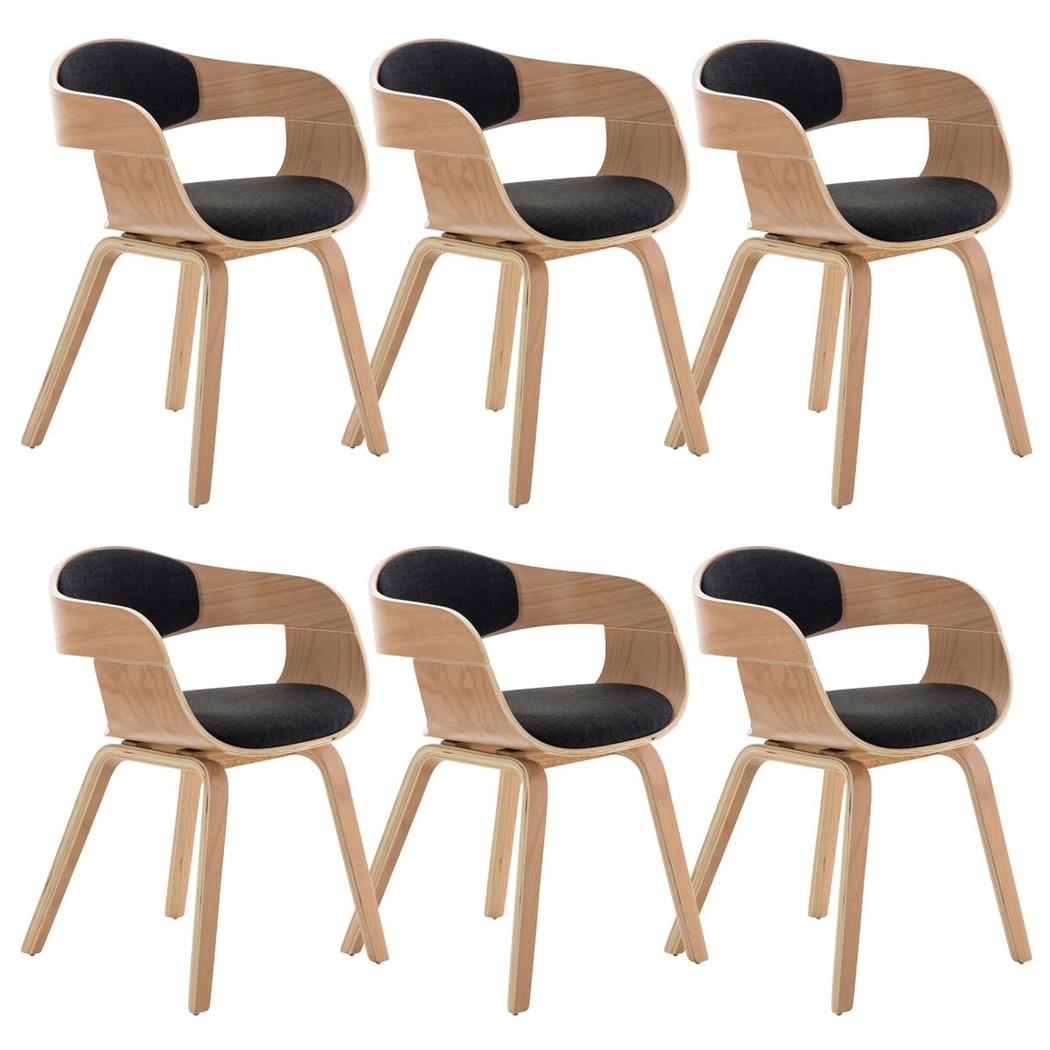 Set van 6 Eetkamerstoelen MAFO, Natuurlijke Houten Frame, met Donkergrijze Stof