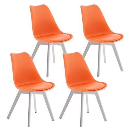 SET van 4 LOREN Stoelen, Kunststof Zitschaal met Witte Poten, Oranje Leder