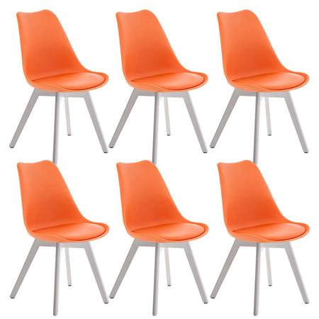 SET van 6 LOREN Stoelen, Kunststof Zitschaal met Witte Poten, Oranje Leder