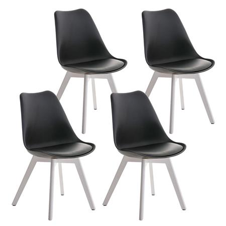 SET van 4 LOREN Stoelen, Kunststof Zitschaal met Witte Poten, Zwart Leder